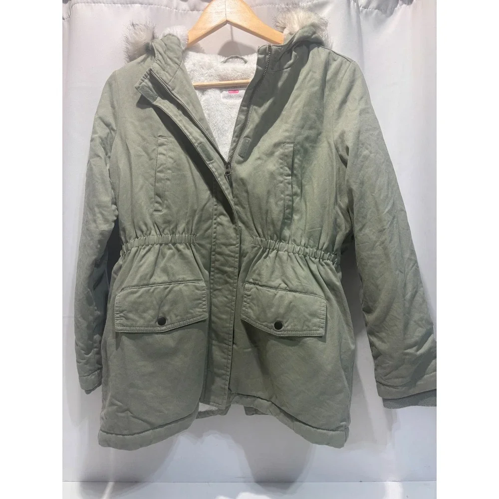 The Childrens Place Parka Jacket Kids Size 16 XXL Olive Green Faux Fur Hood Coat
